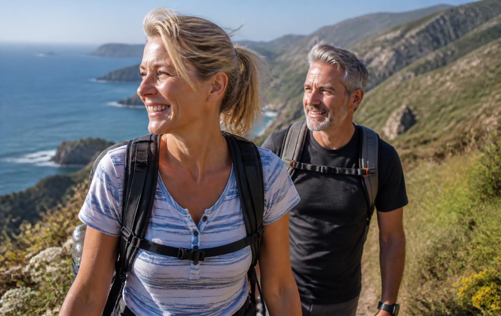Active couple in their fifties hiking a sunny coastal trail
