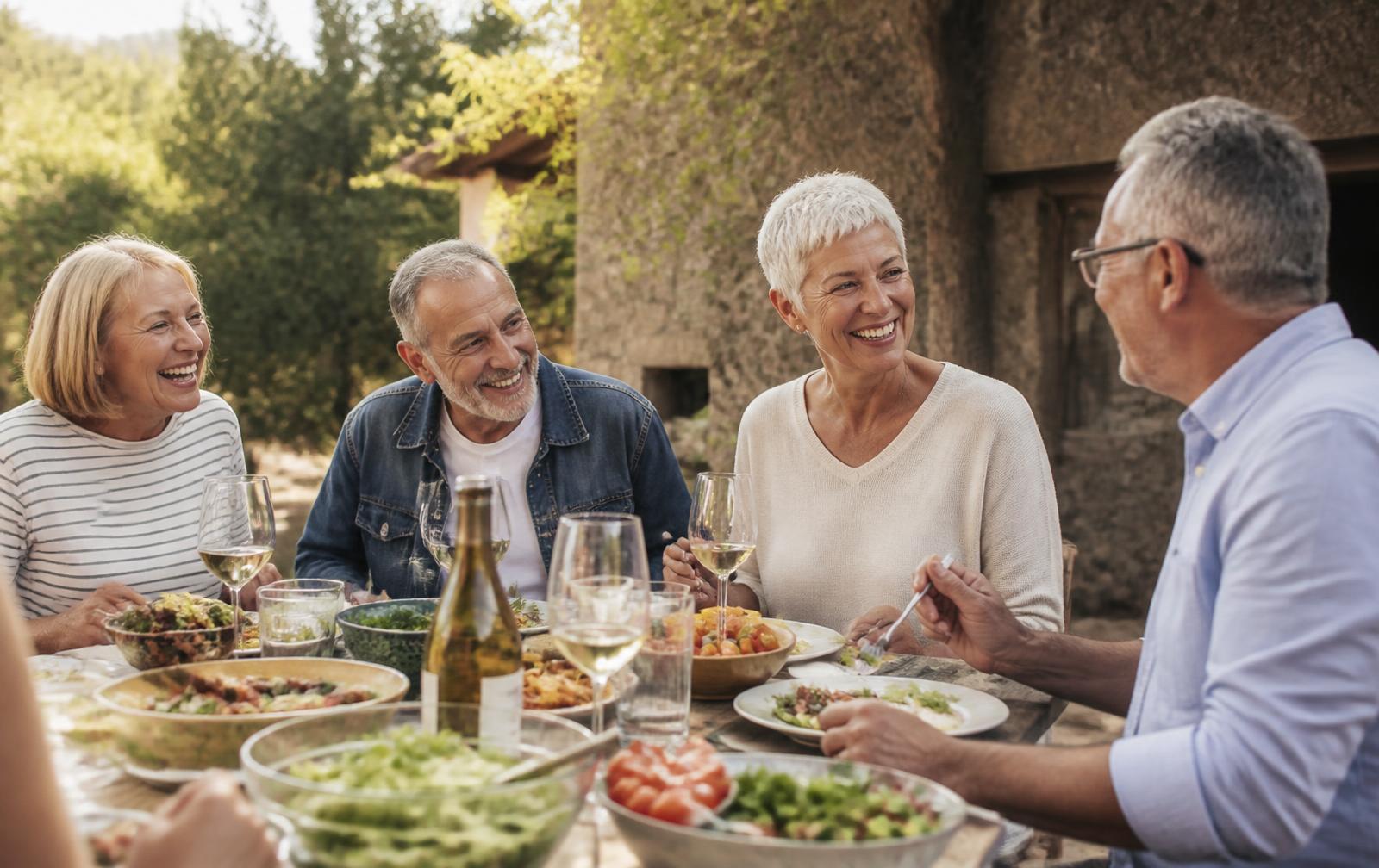 Group of friends in their fifties and sixties sharing a meal outdoors