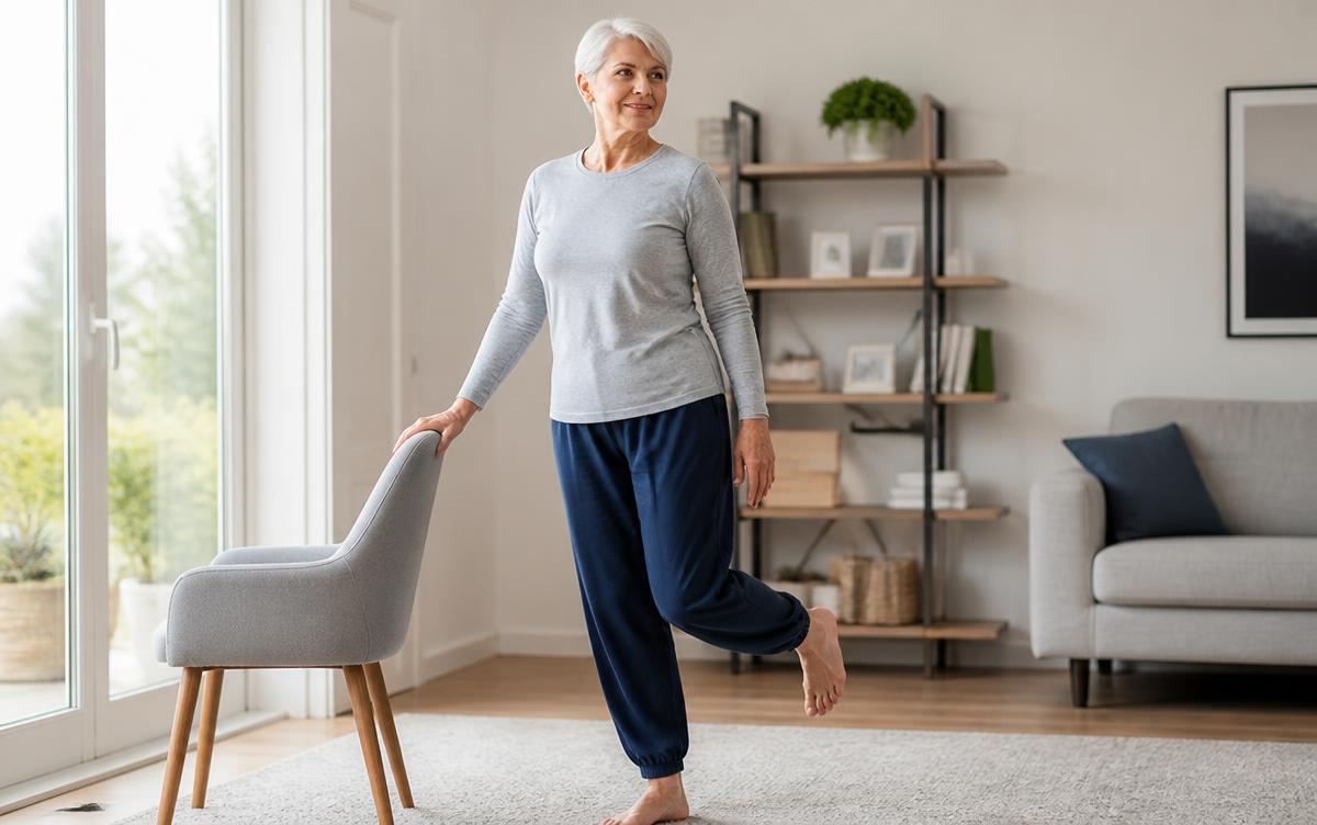 Senior woman practicing a single-leg balance exercise at home while holding a chair for support