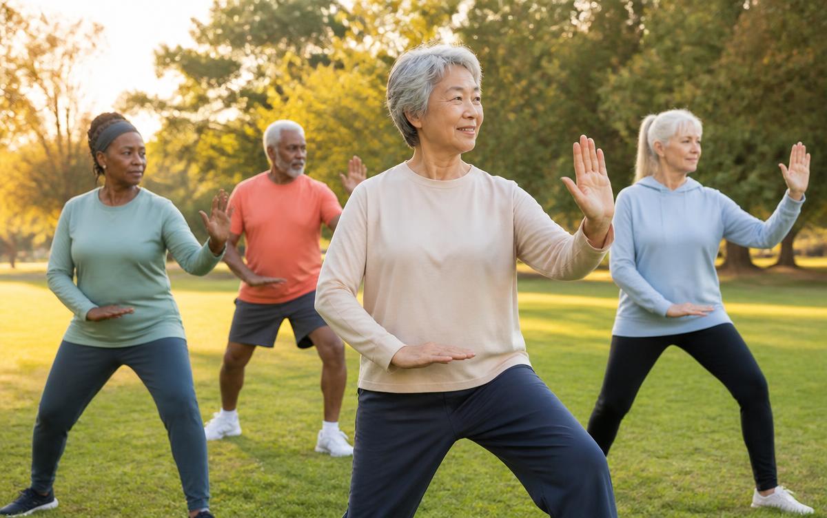 A diverse group of older adults practicing tai chi balance poses together in a sunny park