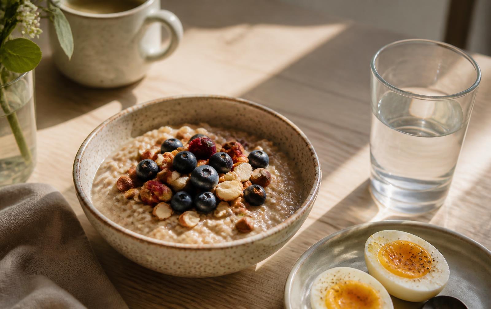 A breakfast table with oatmeal topped with nuts and berries, boiled eggs and a glass of water in morning light