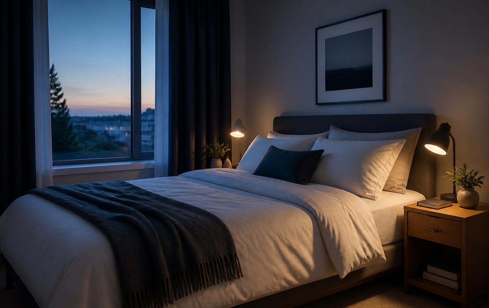 A tidy bedroom at dusk with white linens, drawn dark curtains and a small bedside lamp