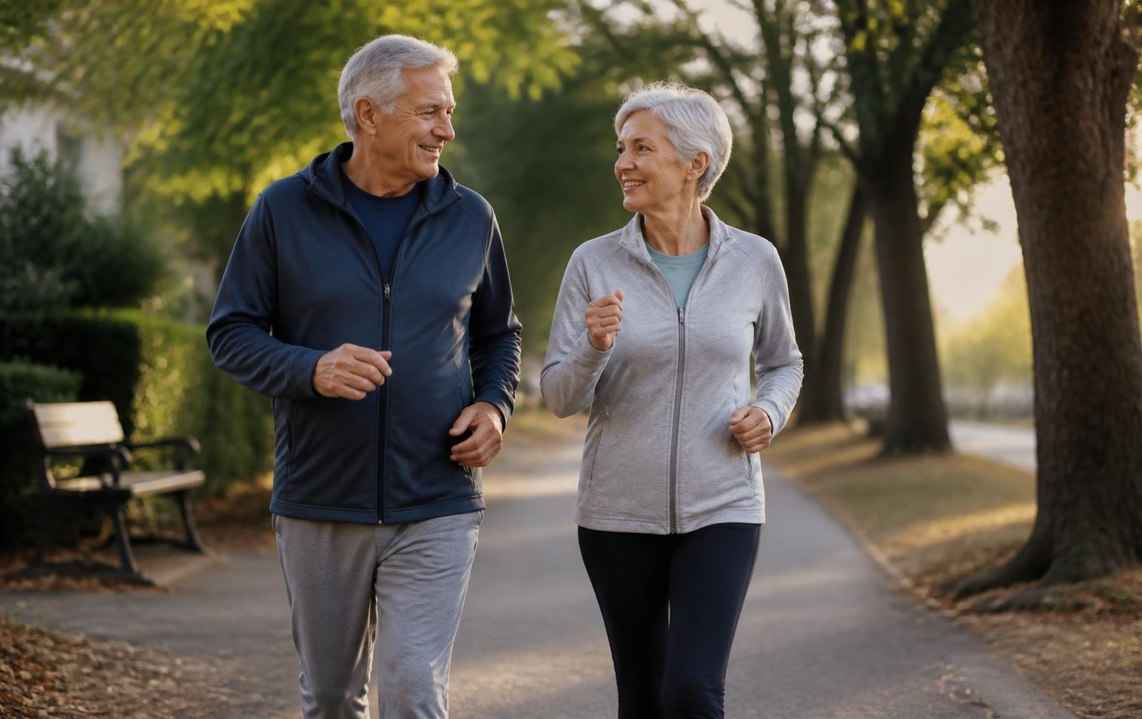 An older couple walking briskly together along a tree-lined park path in morning light