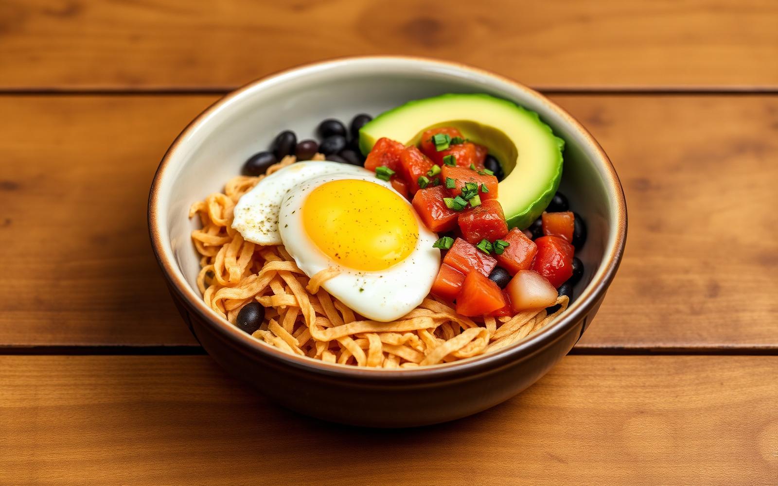 A breakfast burrito bowl with eggs, black beans, avocado and salsa in a ceramic bowl