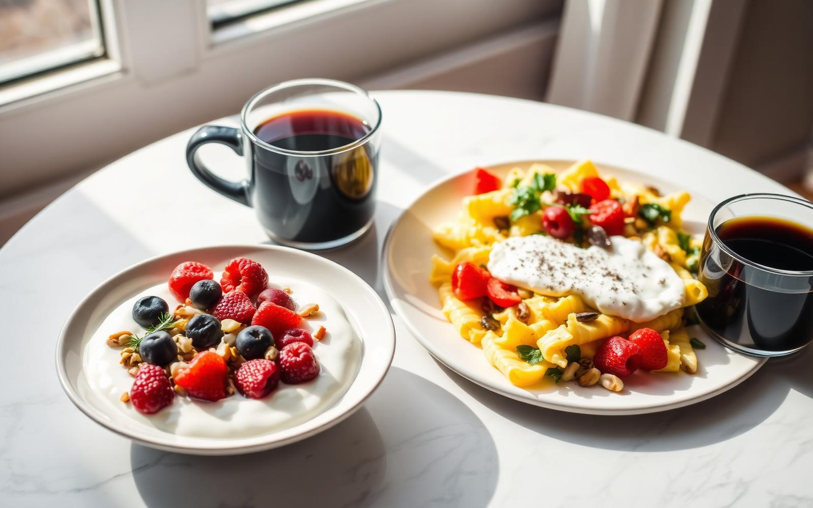 A breakfast table with Greek yogurt topped with berries and nuts, a veggie egg scramble and coffee