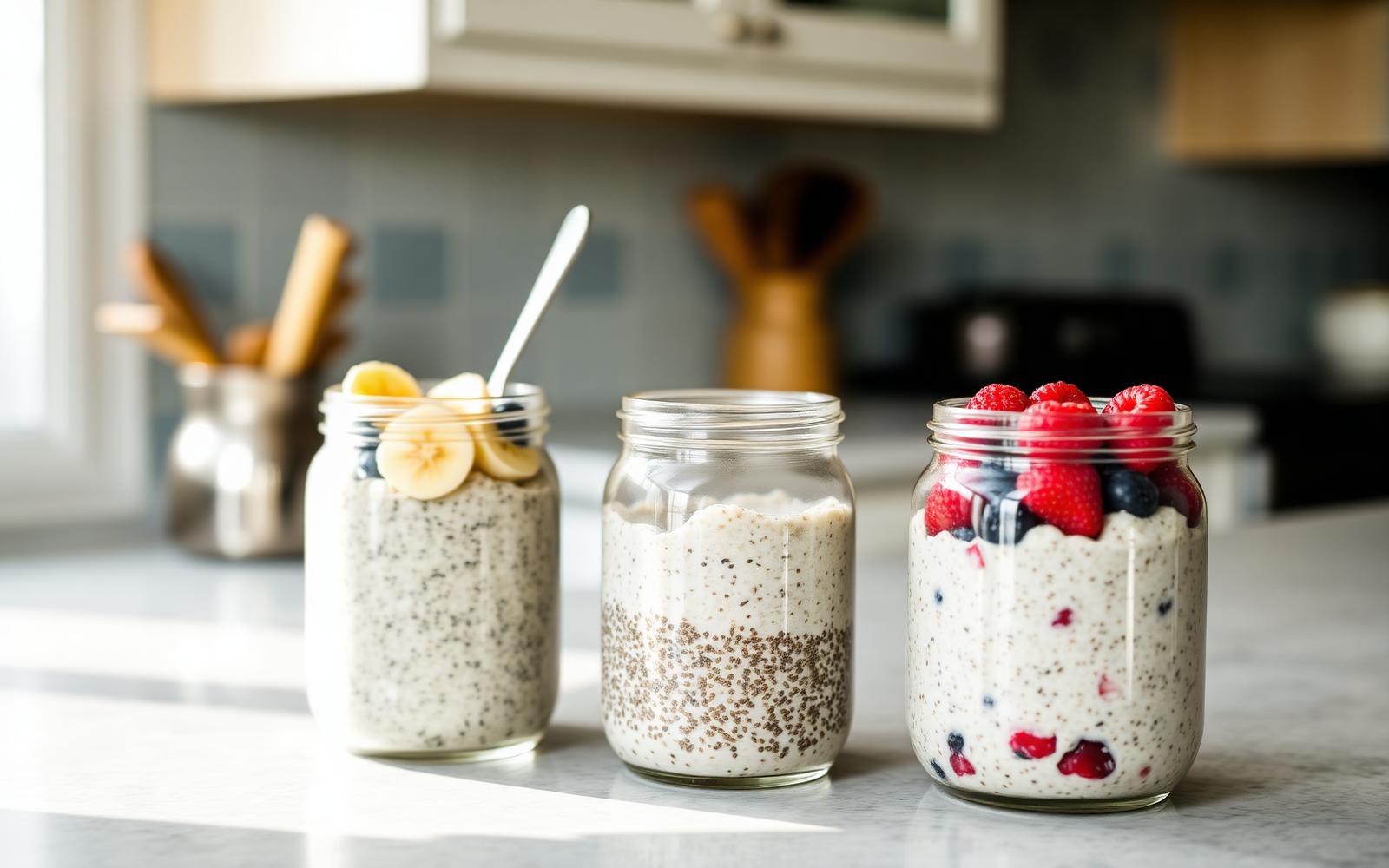 Glass jars of overnight oats and chia seed pudding topped with banana and berries on a kitchen counter