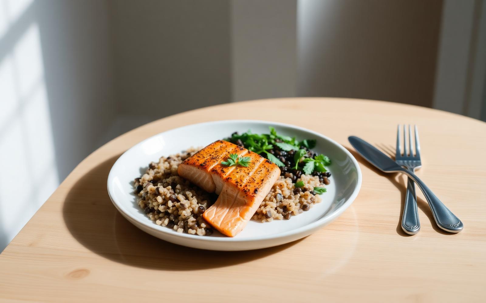 A plate of grilled salmon with quinoa and lentils on a light wooden table