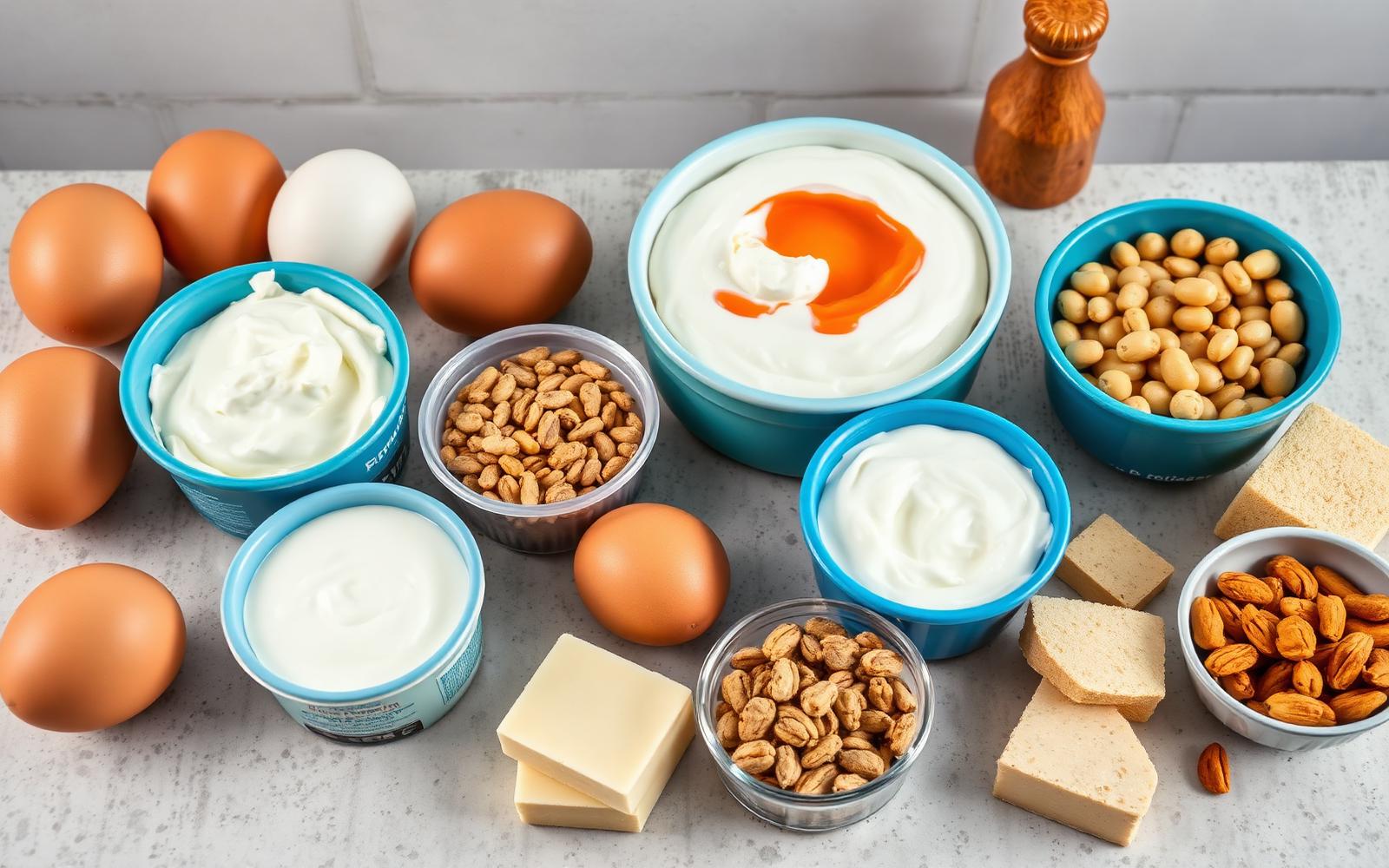 Eggs, Greek yogurt, cottage cheese, beans, tofu and nuts arranged on a kitchen counter