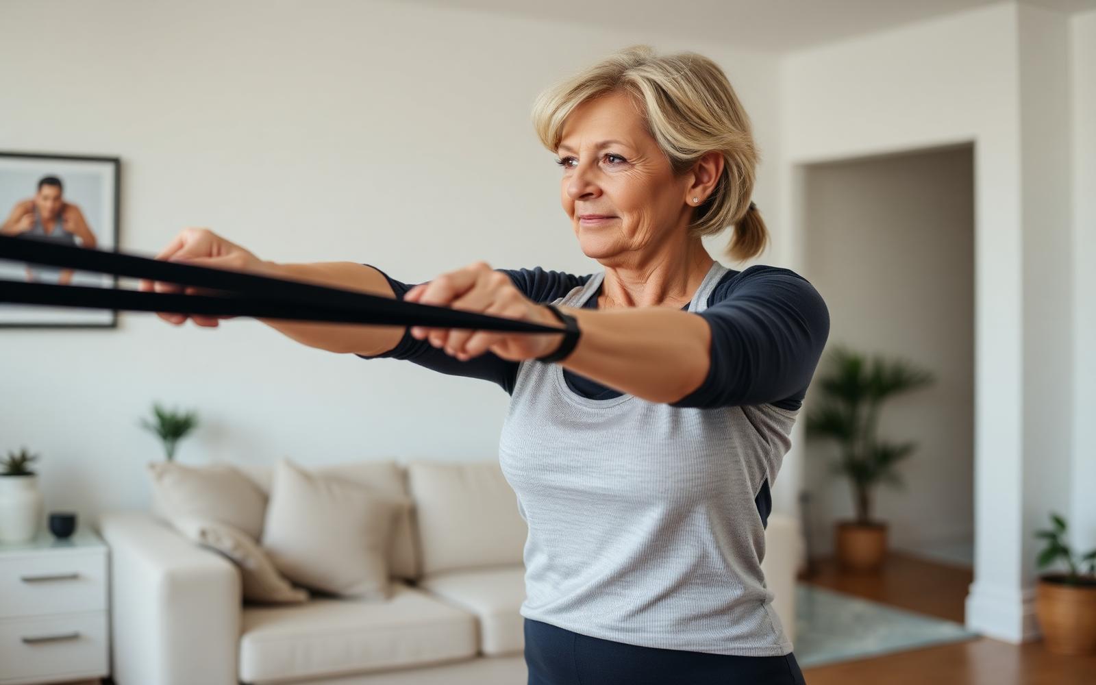 A woman in her fifties doing light resistance band strength training in a bright living room
