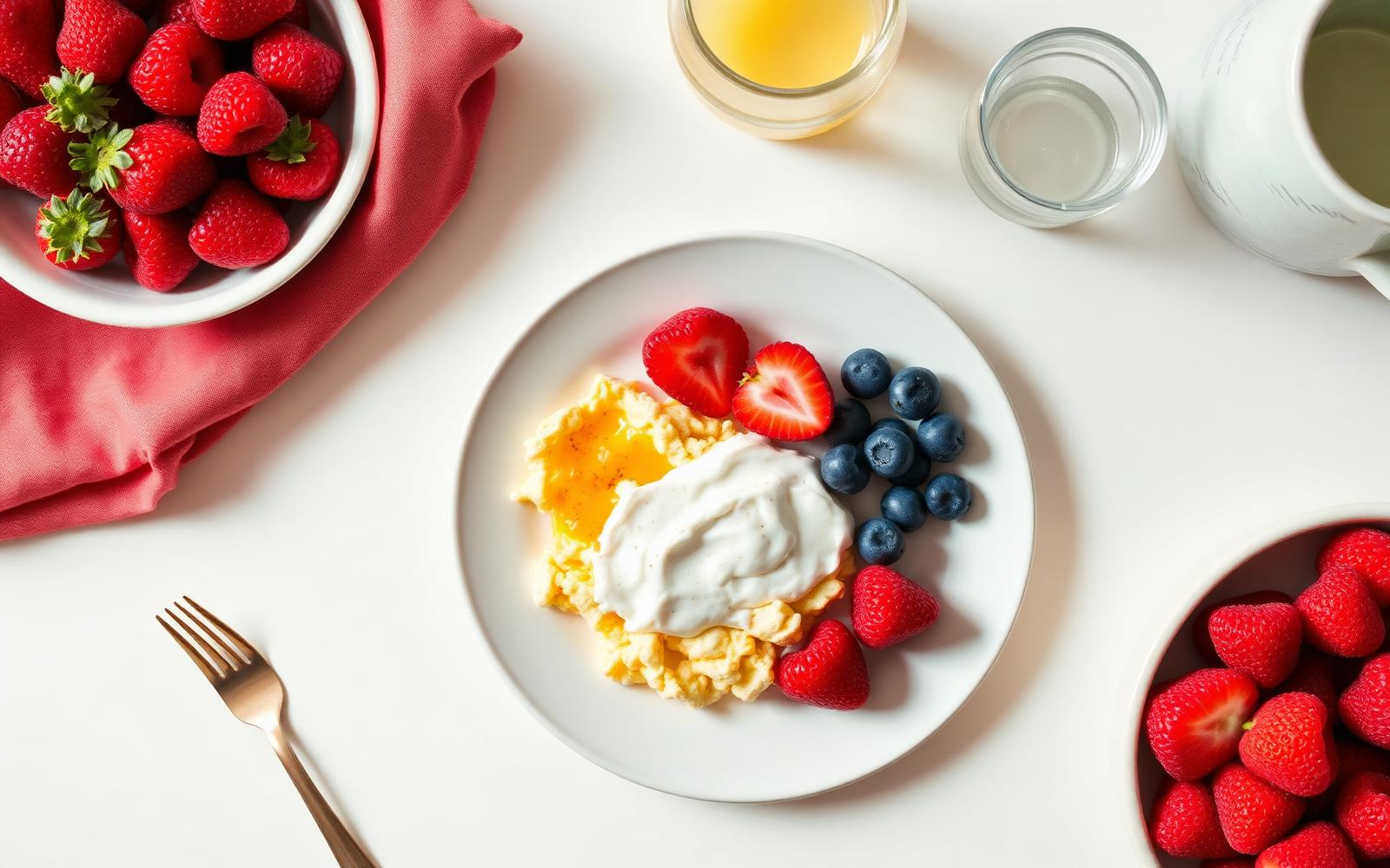 Breakfast plate with eggs, yogurt and fresh berries