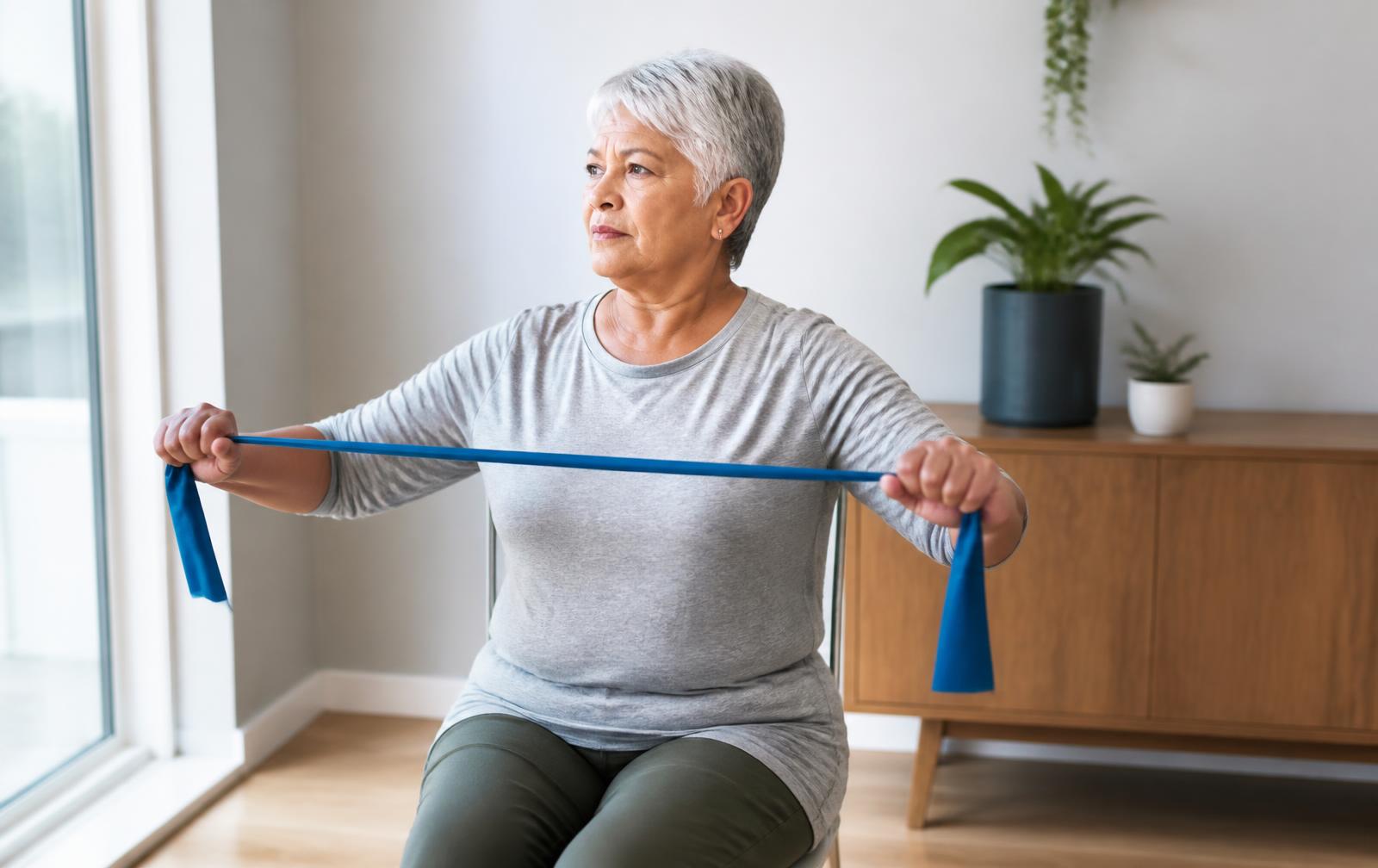 Older woman doing a seated resistance band exercise at home