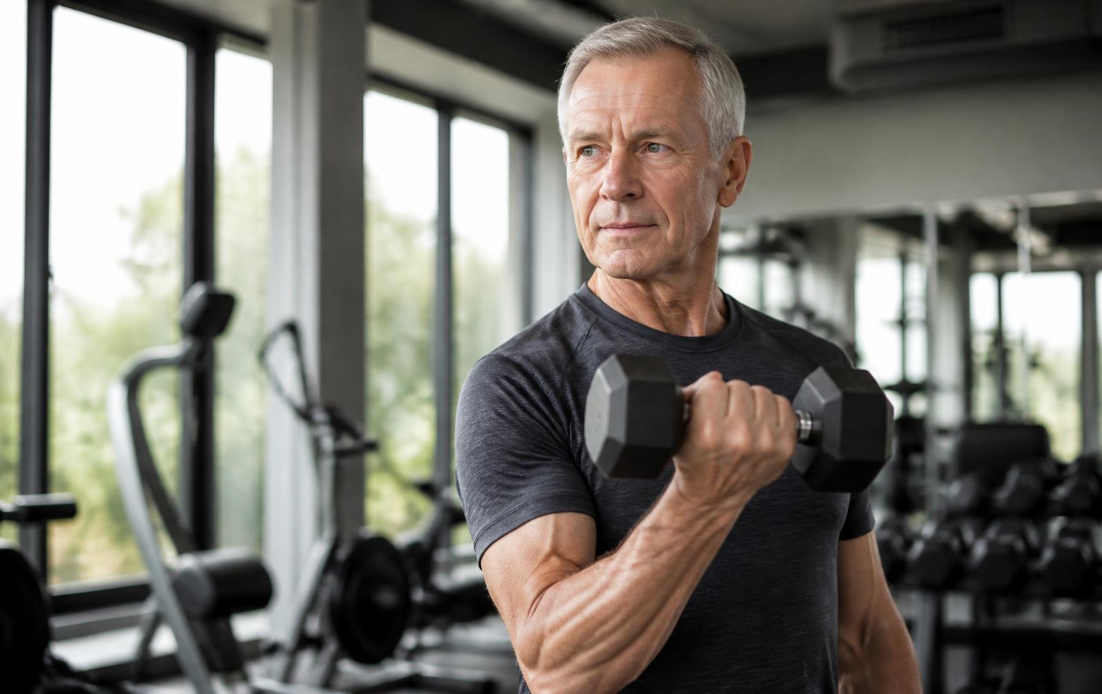 Man in his sixties lifting a dumbbell in a bright gym
