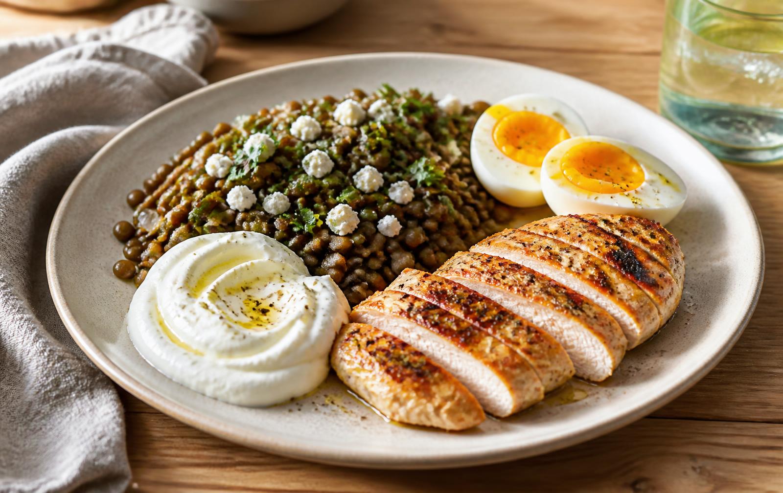 Plate with grilled chicken, lentils, boiled eggs and Greek yogurt