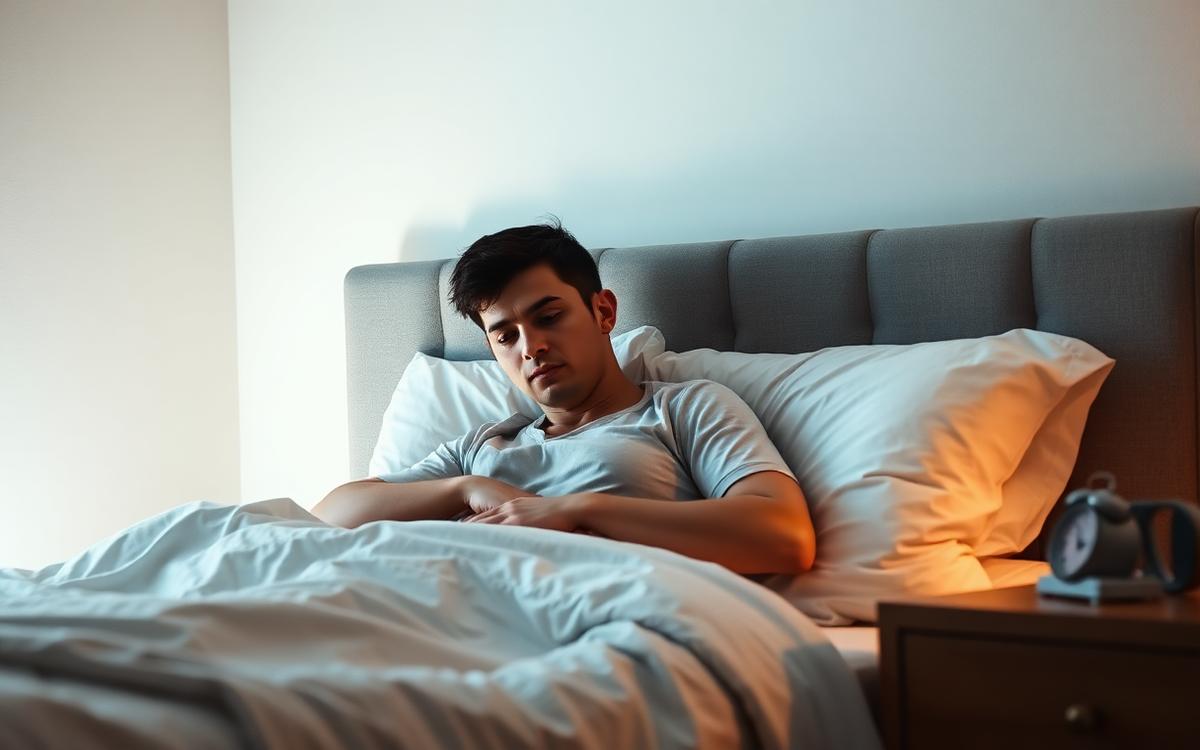 Person sitting up in bed at night with an alarm clock showing 3 a.m. on the nightstand