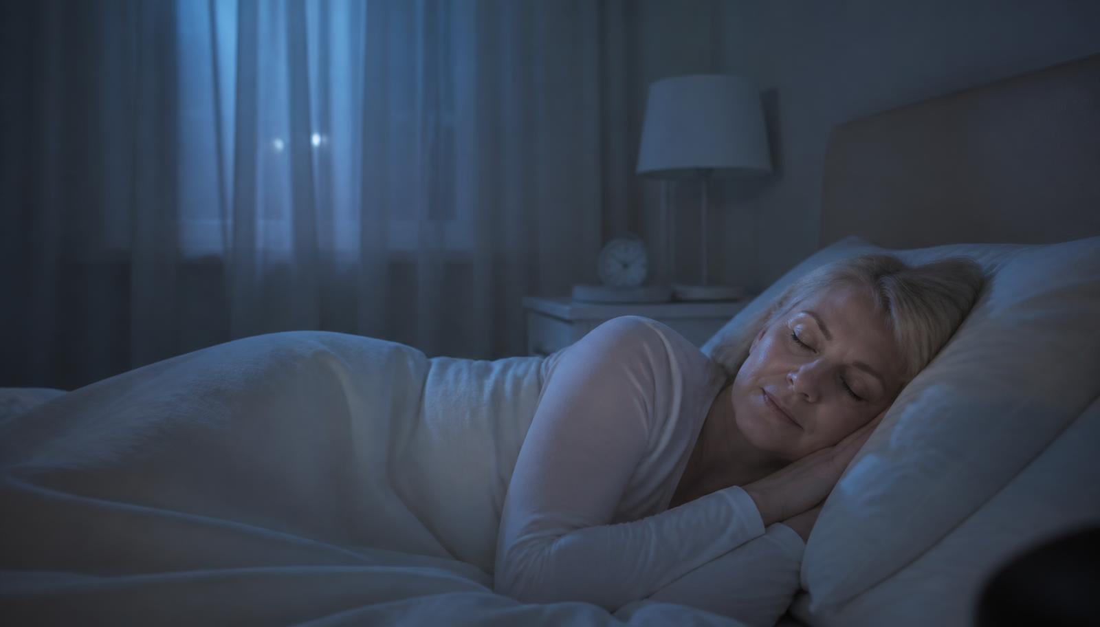 A woman in her fifties sleeping peacefully in a cool, dark bedroom