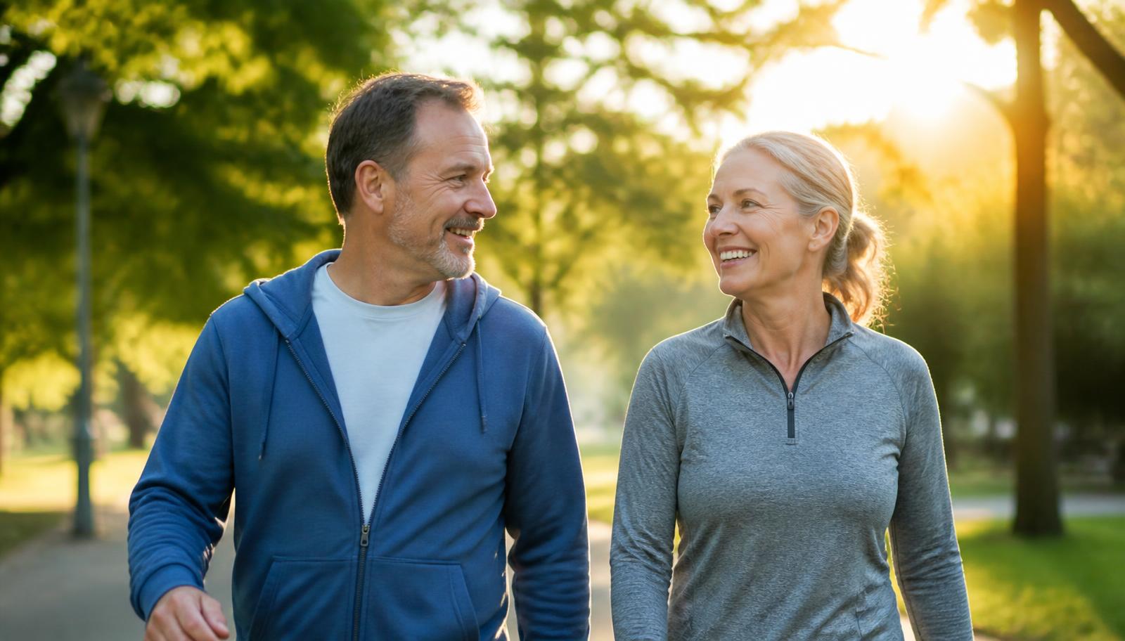 A couple in their fifties walking outdoors in early morning sunlight