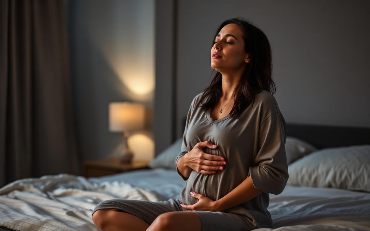 Woman practicing a gentle breathing exercise while sitting on the edge of a bed in a softly lit bedroom