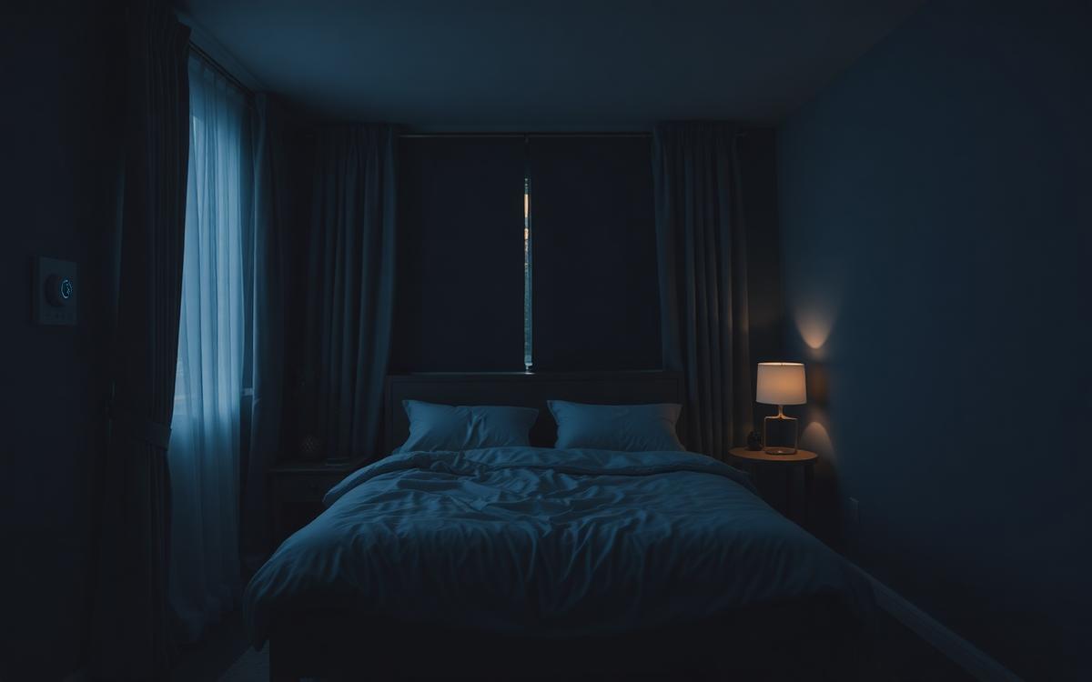 Cool, dark bedroom with blackout curtains and a comfortable bed set up for quality sleep