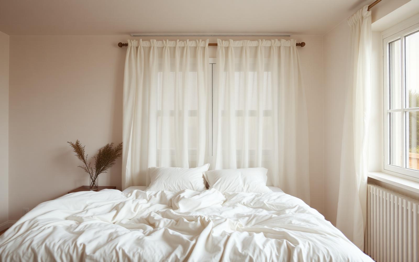 A tidy bedroom with white linens and soft morning light