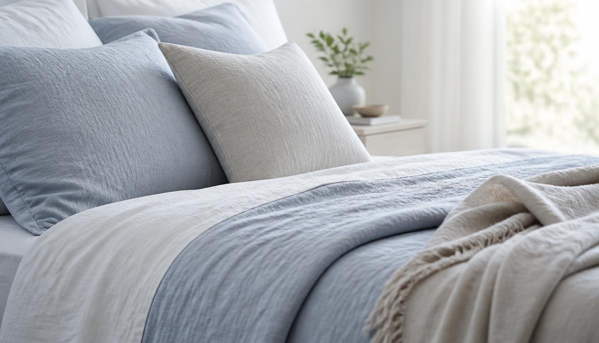 Breathable cotton and linen bedding layers on a neatly made bed