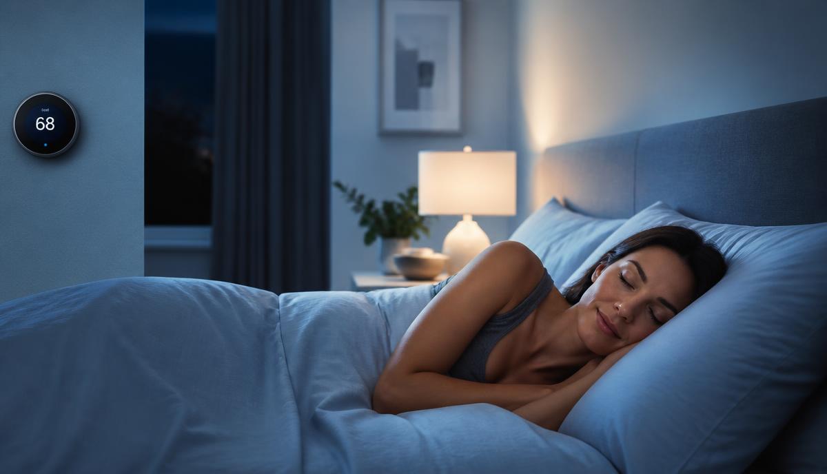 Woman sleeping peacefully in a cool, comfortable bedroom with a thermostat set to 68 degrees
