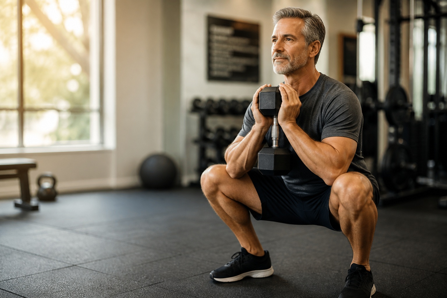 Man in his fifties doing a dumbbell squat in a bright gym