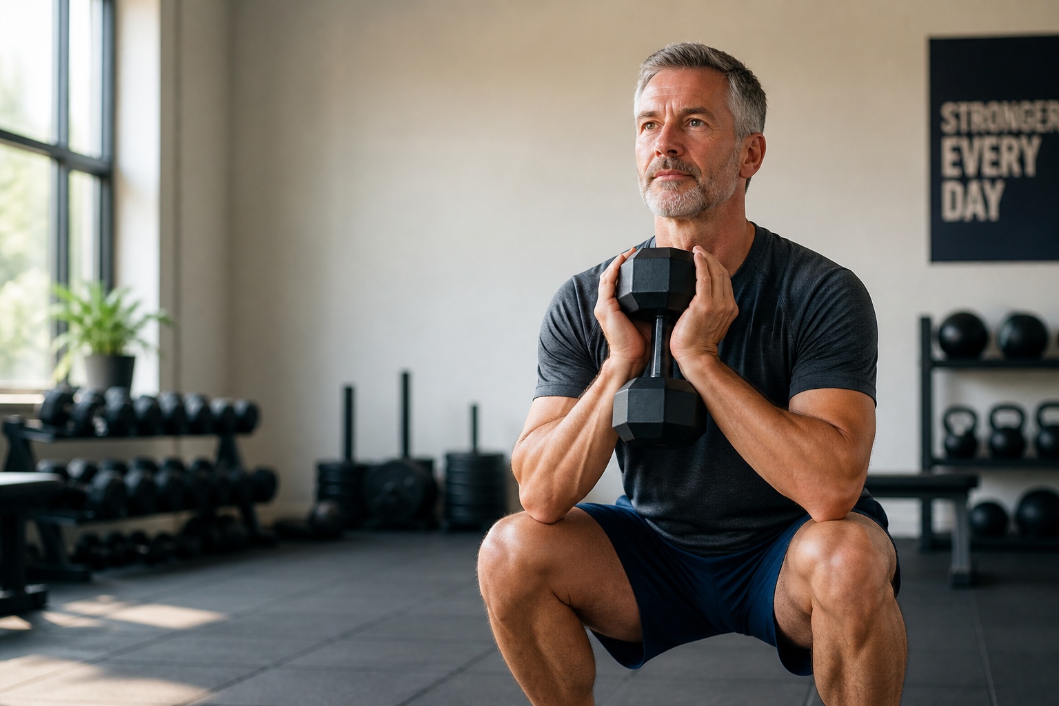 Man in his fifties holding a single dumbbell at chest height while performing a controlled squat in a bright gym