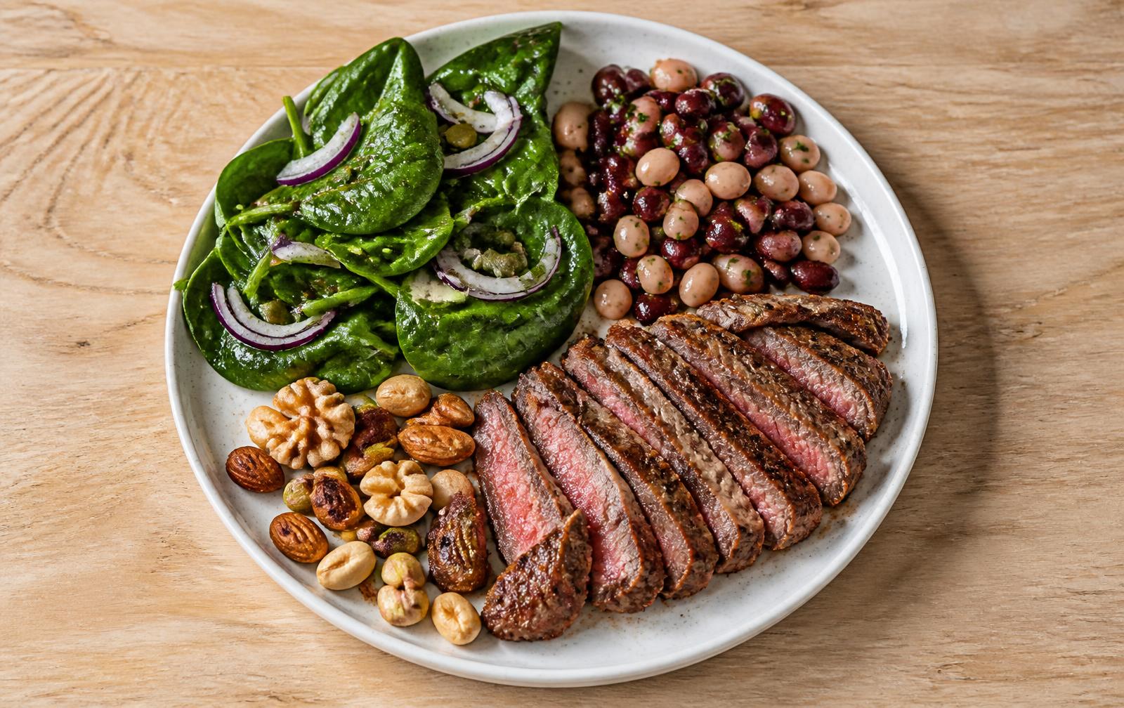 An overhead view of a plate with spinach salad, mixed beans, sliced lean steak and nuts on a light wooden table