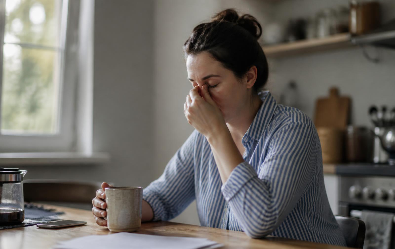 A woman sitting at a kitchen table in morning light holding a coffee mug and rubbing her eyes