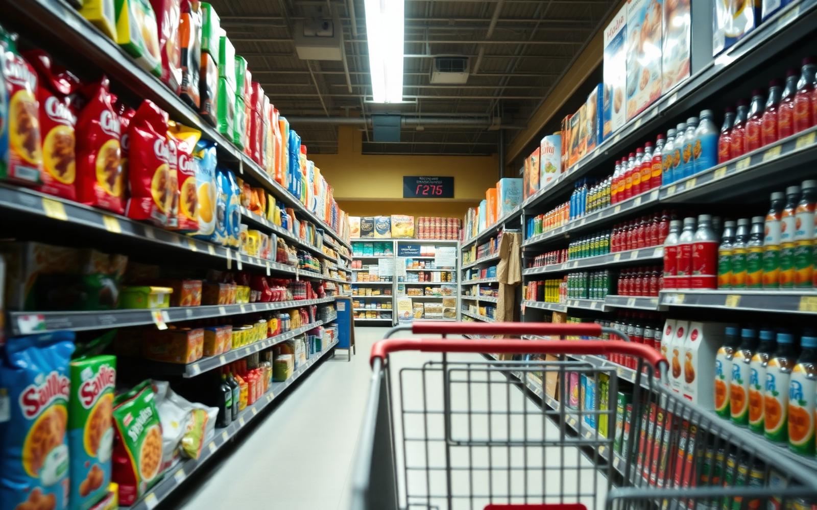 A grocery store center aisle lined with shelves of packaged snacks, cereals and sodas