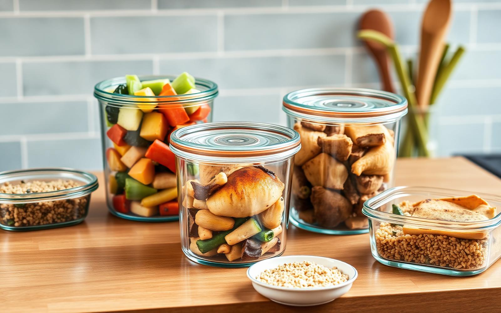 Glass meal-prep containers filled with roasted vegetables, chicken and grains on a kitchen counter