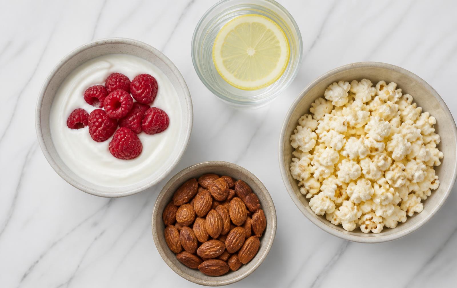 Bowls of plain yogurt with raspberries, roasted almonds and air-popped popcorn beside a glass of water with lemon