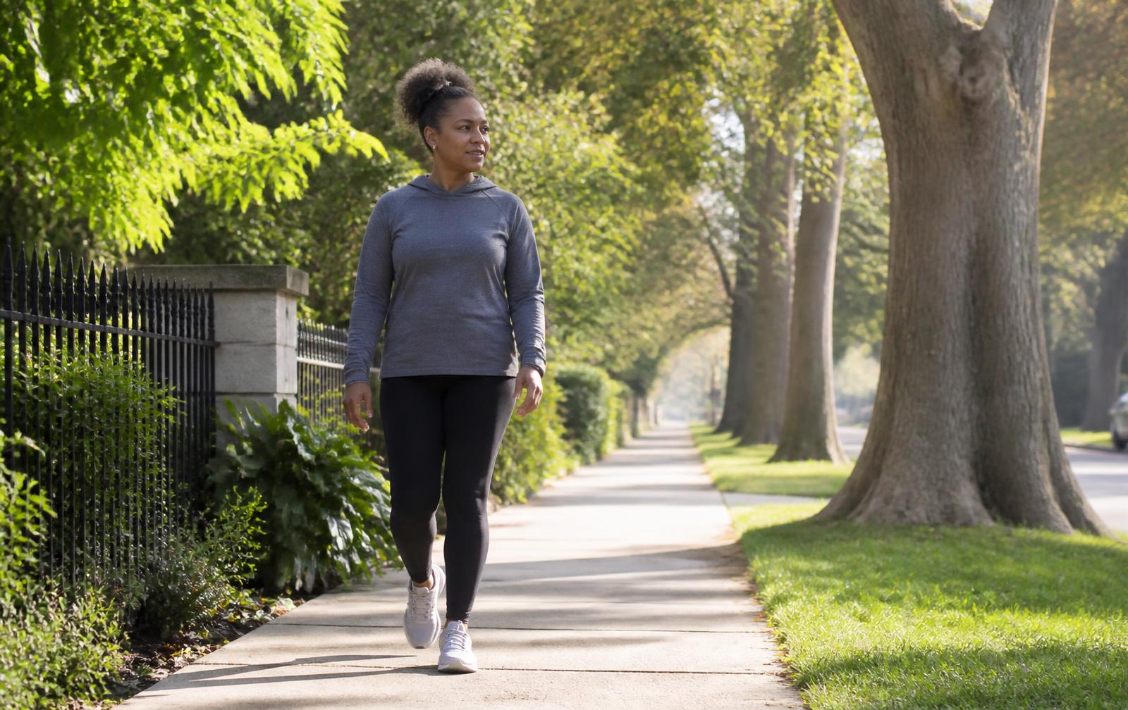 A woman walking on a tree-lined neighborhood sidewalk in morning light