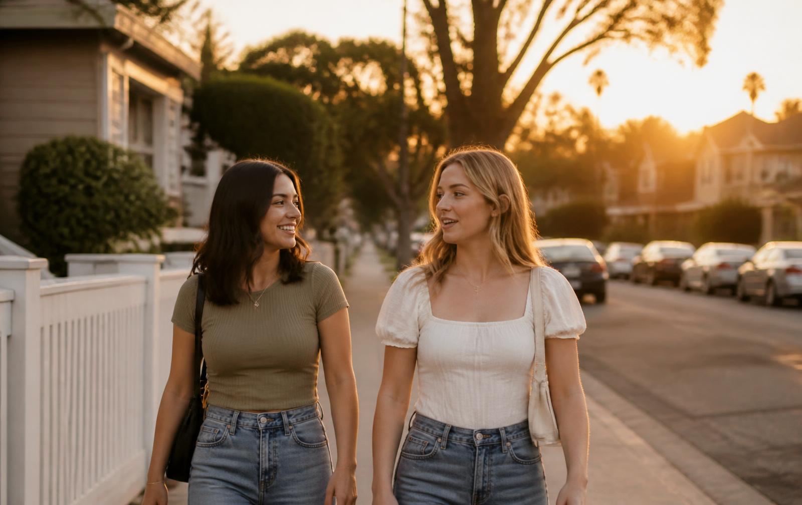 Two friends walking together and talking along a quiet suburban street at golden hour