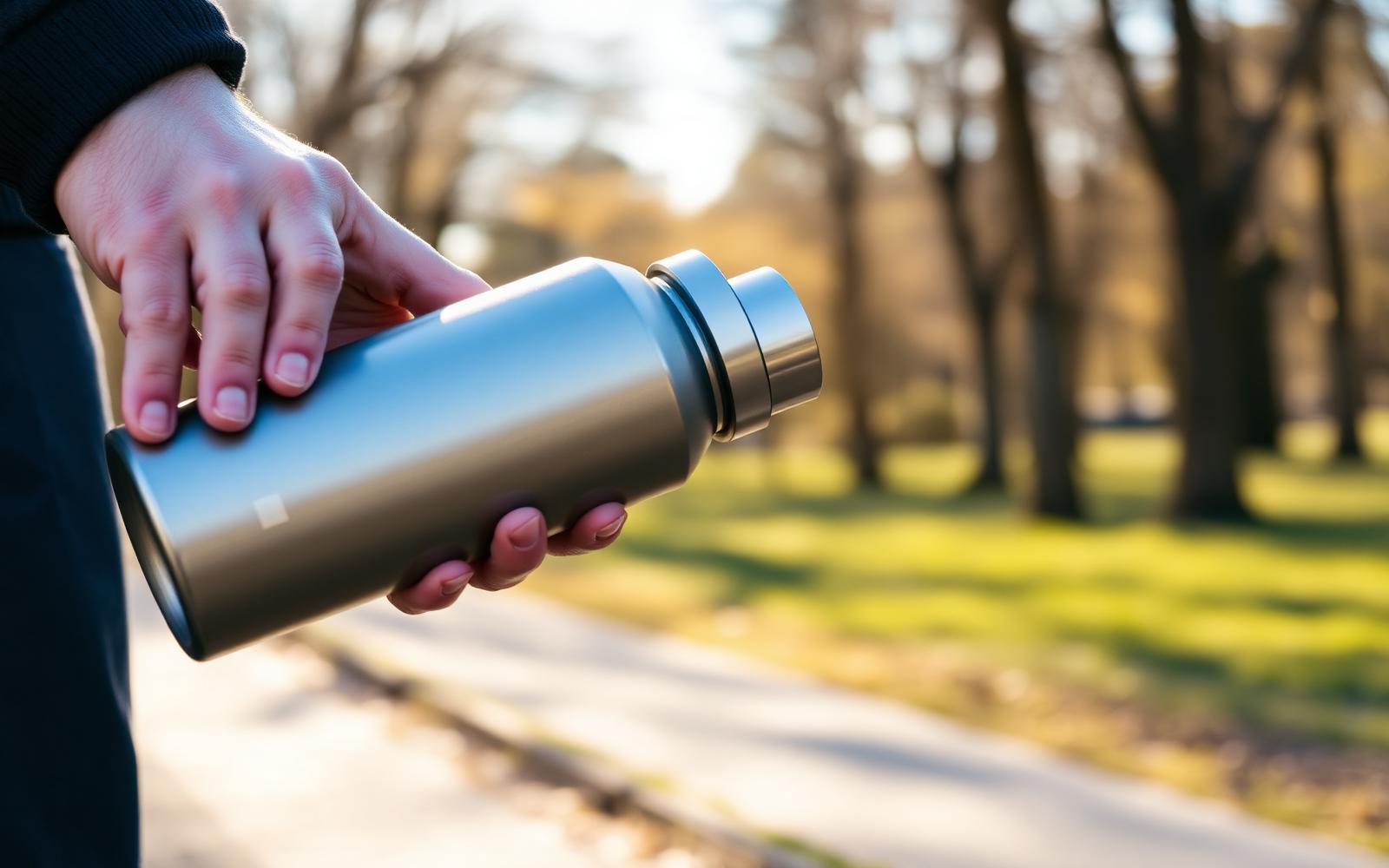 A person holding a plain stainless steel water bottle on a sunlit park path after a walk
