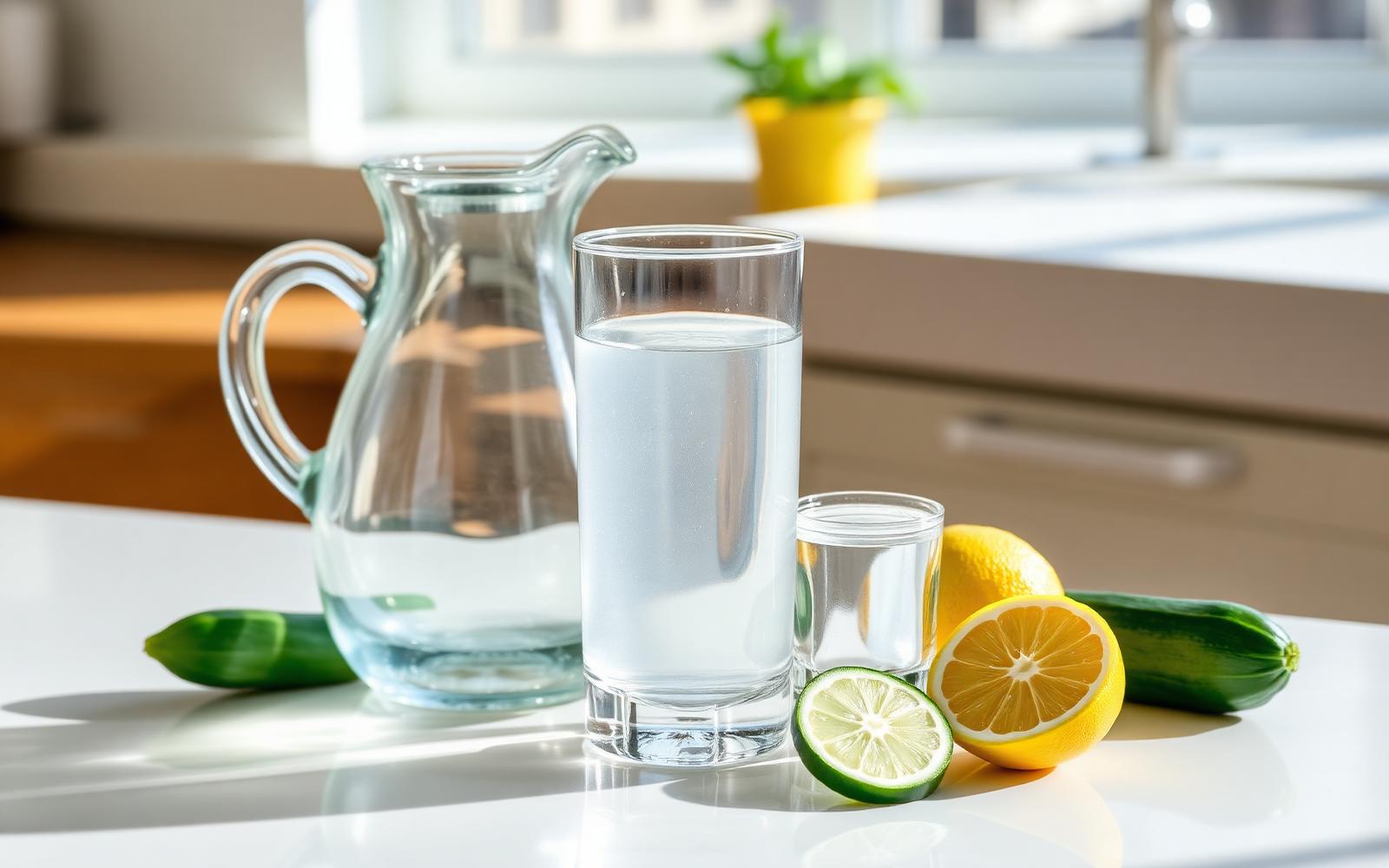 A glass pitcher of water and a filled glass on a bright kitchen counter with lemon and cucumber