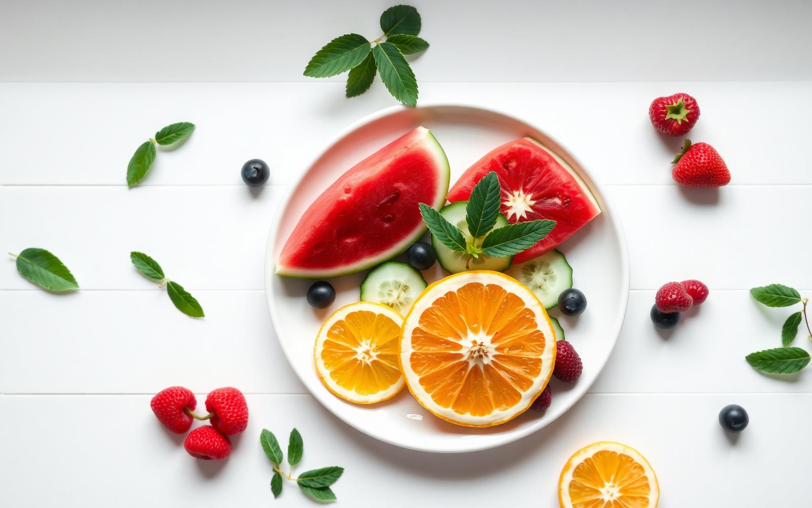 An overhead plate of sliced watermelon, cucumber, orange slices and berries on a white surface
